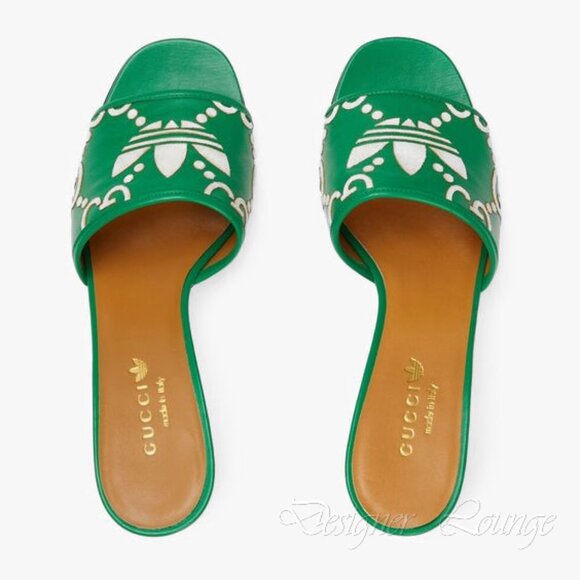 NEW GUCCI x ADIDAS GG Trefoil Logo Green Leather Heel Sandal Pump EU 39.5 US 9.5 - Picture 2 of 11